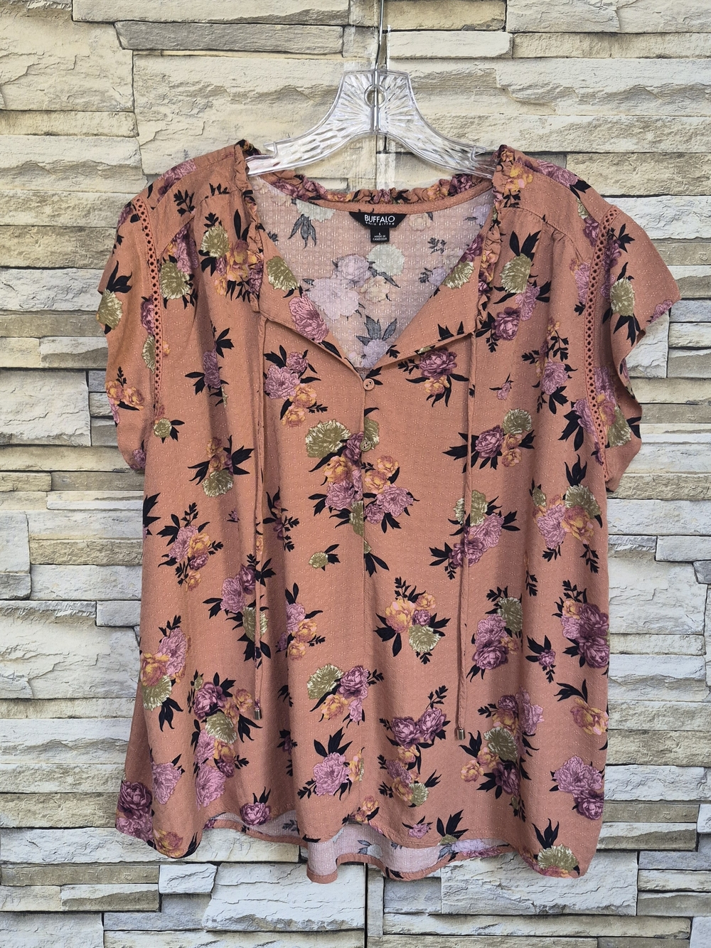 Buffalo David Bitton Blouse Womens Large Peach Floral Boho Top Chic Casual